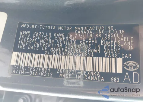 2019 Toyota Corolla Le из США, поврежденный, VIN 2T1BURHE6KC230524